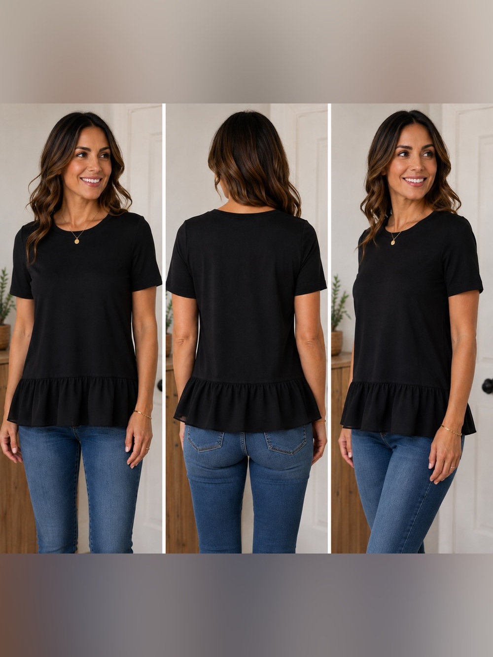 LOFT Black Short Sleeve Ruffle-Hem Top